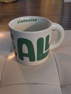 Starbucks White Ceramic Mug with Green Lettering "Coffee For All"